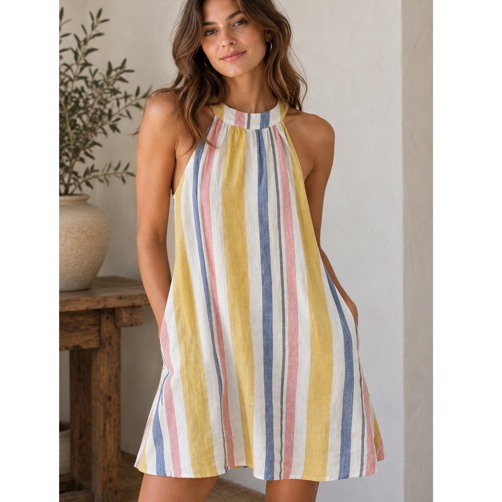 C&C California Linen Shift Dress Womens S Multi Stripe Halter Coastal Summer